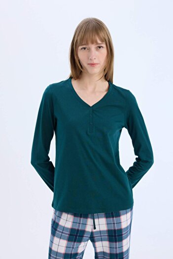 DeFacto Pijama Takımı Regular Fit Uzun Kollu Üst Kareli Uzun Alt-Fall in Love D2301AX24WN