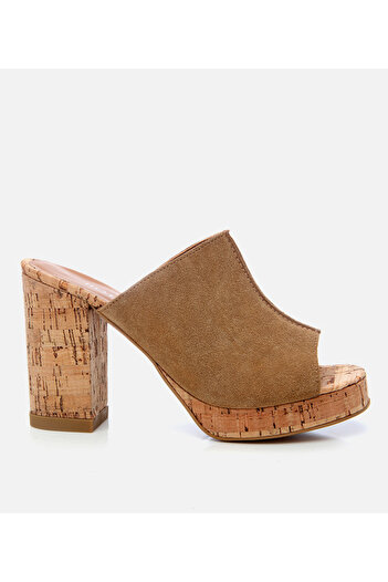 Hotiç Women's Leather Tan Thick Heeled Slippers