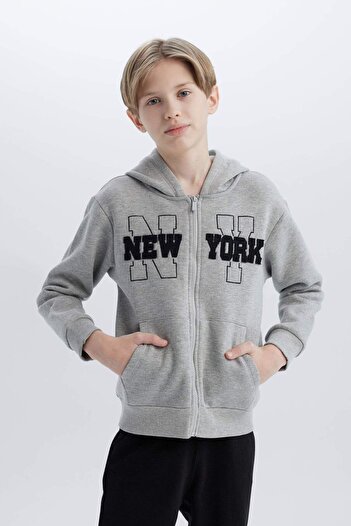 DeFacto Erkek Çocuk 2'li Takım Kapüşonlu Baskılı Fermuarlı Sweatshirt Beli Lastikli Eşofman Altı D2035A824AU