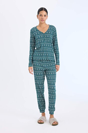DeFacto Pijama Takımı Waffle Kumaş Uzun Kollu Üst Beli Lastikli Uzun Alt-Fall in Love D2284AX24WN