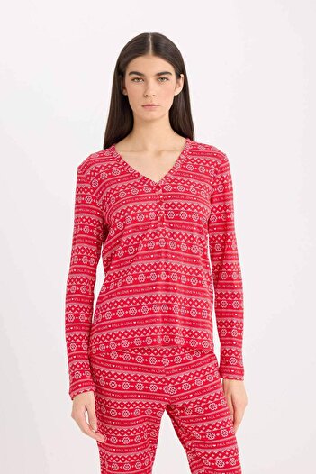 DeFacto Pijama Takımı Waffle Kumaş Uzun Kollu Üst Beli Lastikli Uzun Alt-Fall in Love D2284AX24WN