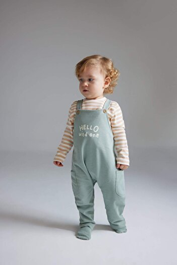 DeFacto 2-teiliges Set für Babys, gestreiftes Langarm-T-Shirt, bedruckter Salopet-Overall D8708A525SP