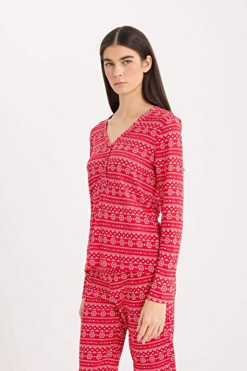 DeFacto Pijama Takımı Waffle Kumaş Uzun Kollu Üst Beli Lastikli Uzun Alt-Fall in Love D2284AX24WN