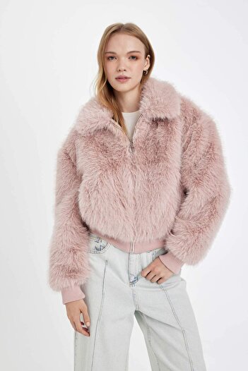 DeFacto Regular Fit Wide Collar Zippered Faux Fur Plush Coat B2442Ax24Wn