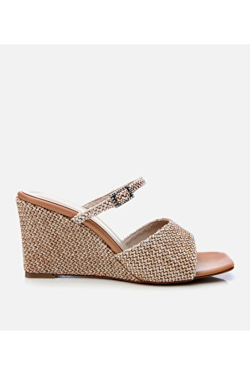 Hotiç Women's Beige Straw Detailed Wedge Heeled Slippers
