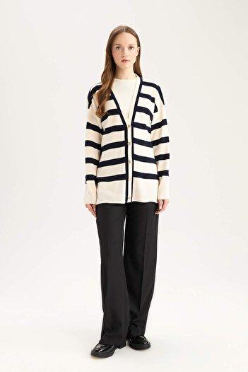DeFacto Regular Fit V-Neck Striped Button-Covered Tunic Knitwear Cardigan D2445Ax24Wn