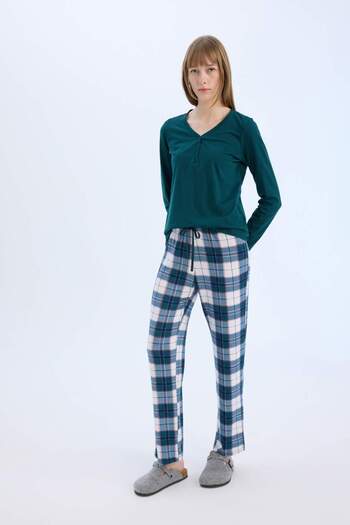 DeFacto Pajama Set Regular Fit Long Sleeve Top Checked Long Bottom-Fall in Love D2301Ax24Wn