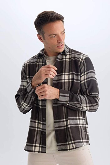 DeFacto Regular Fit Polo Yaka Kareli Pamuklu Uzun Kollu Gömlek D7557AX24AU