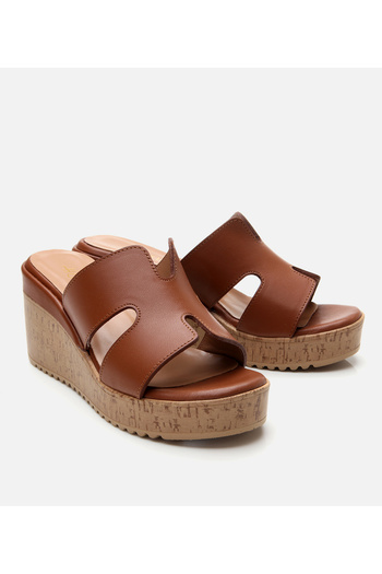 Hotiç Women's Leather Tan Wedge Heeled Slippers