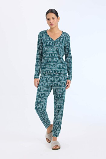 DeFacto Pijama Takımı Waffle Kumaş Uzun Kollu Üst Beli Lastikli Uzun Alt-Fall in Love D2284AX24WN