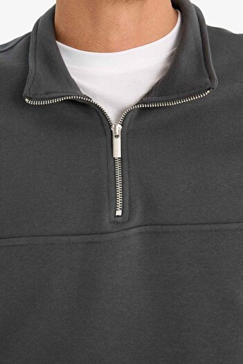 DeFacto Relax Fit Dik Yaka Fermuarlı Basic Düz Kalın Sweatshirt E5334AX24WN
