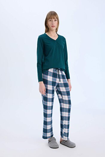 DeFacto Pajama Set Regular Fit Long Sleeve Top Checked Long Bottom-Fall in Love D2301Ax24Wn