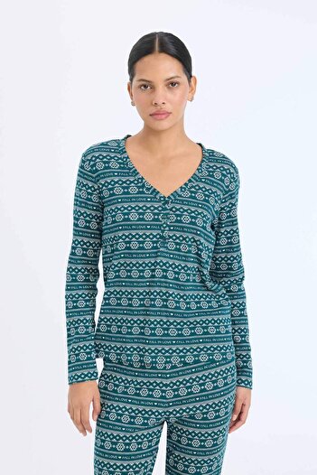 DeFacto Pijama Takımı Waffle Kumaş Uzun Kollu Üst Beli Lastikli Uzun Alt-Fall in Love D2284AX24WN