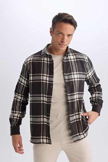 DeFacto Regular Fit Polo Yaka Kareli Pamuklu Uzun Kollu Gömlek D7557AX24AU
