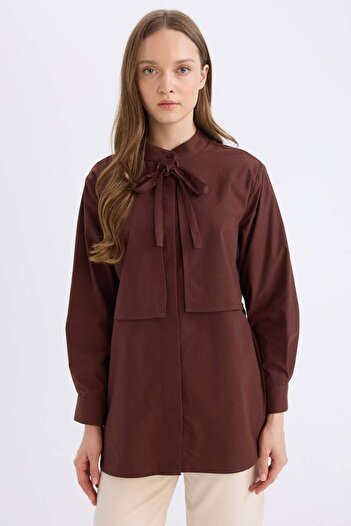 DeFacto Poplin Bow Collar Long Sleeve Relax Fit Tunic Shirt - D4152Ax24Au