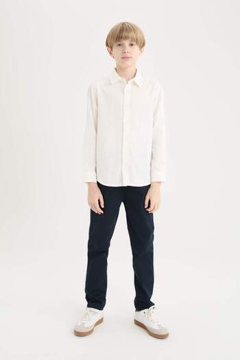 DeFacto Boy's Polo Neck Linen Look Long Sleeve Shirt