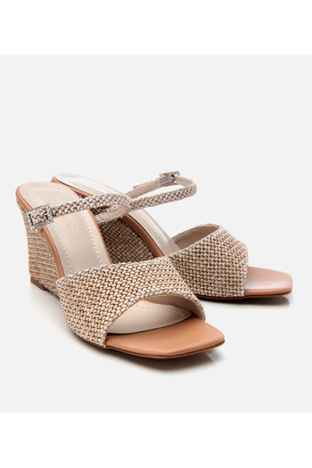 Hotiç Women's Beige Straw Detailed Wedge Heeled Slippers