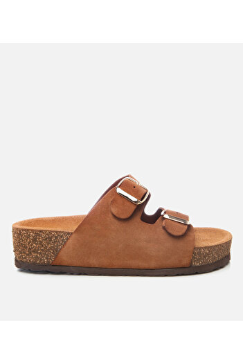 Hotiç Women's Suede Leather Tan Adjustable Flat Slippers
