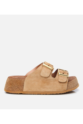 Hotiç Women's Leather Beige Belted High-Sole Flat Slippers