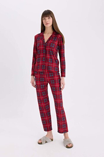 DeFacto Stretchy Fit - Checkered Long Sleeve Pajamas Set, Waisted Long Bottom E6324Ax24Wn