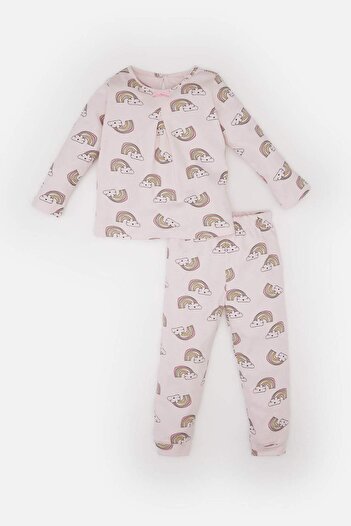 DeFacto Kız Bebek Pijama Takımı Gökkuşağı Baskılı Uzun Kollu Üst Beli Lastikli Uzun Alt D9075A525SP