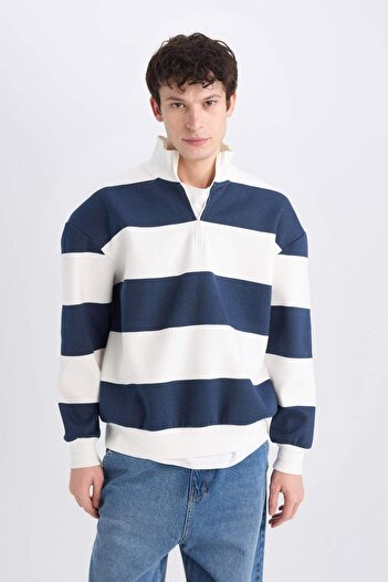 DeFacto Boxy Fit Fermuarlı Dik Yaka Çizgili Sweatshirt C7045AX24AU