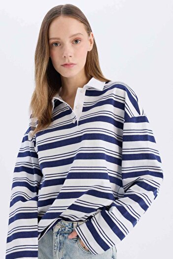DeFacto Cool Loose Fit Поло з коміром і смужками, довгі рукави, футболка E4920AX25SM