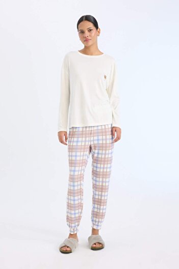 DeFacto Pajama Sets Regular Fit Long Sleeve Top Checked Long Bottom-Fall in Love D2263Ax24Wn
