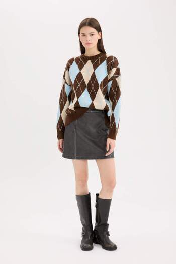 DeFacto Regular Fit Argyle Crew Neck Knitwear Sweater D9519Ax24Wn