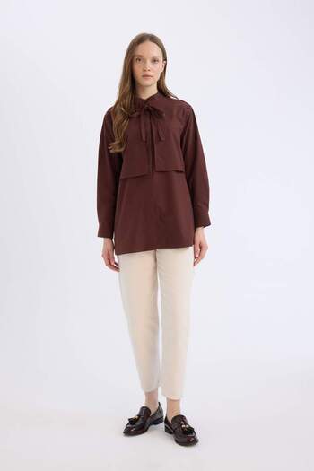 DeFacto Poplin Bow Collar Long Sleeve Relax Fit Tunic Shirt - D4152Ax24Au