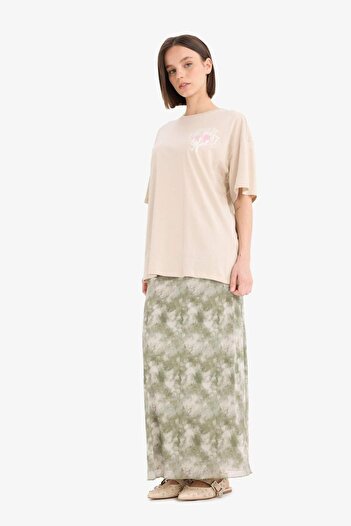 DeFacto Coool A-Line Print High Waist Combed Cotton Lining Tulle Maxi Skirt D7077Ax25Sp