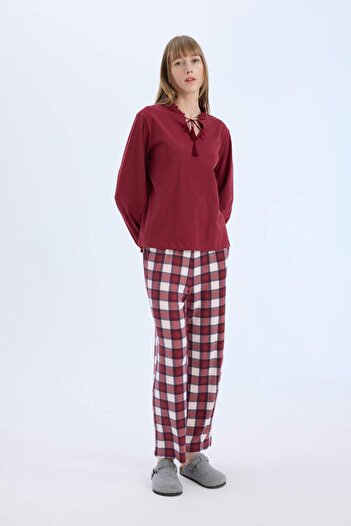 DeFacto Pajama Sets Regular Fit Long Sleeve Top Checked Long Bottom-Fall in Love E2353Ax24Wn