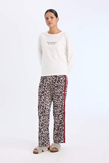 DeFacto Pajama Sets Regular Fit Long Sleeve Printed Top Leopard Print Long Bottom-Fall in Love E2352Ax24Wn