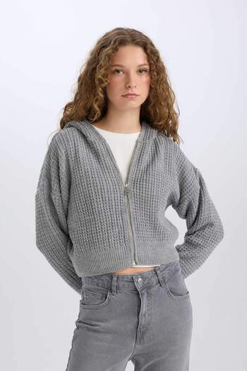 DeFacto Regular Fit Hooded Zippered Knitwear Cardigan E2269Axns