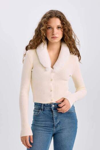 DeFacto Faux Fur V-Neck Slim Fit Knitwear Cardigan - Button, E2268Ax24Cw