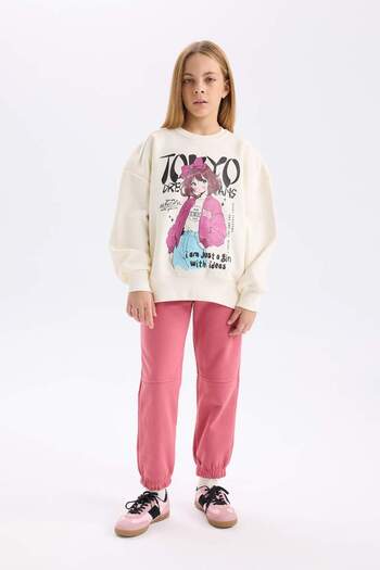DeFacto Girl's 2-Piece Set Crew Neck Printed Sweatshirt Elastic Waist Sweatpants D4868A824Wn