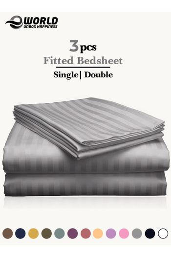 Eworld 3 Piece Gray Striped Cotton Double Bed Sheet Set – Fitted Sheet & 2 Pillowcases