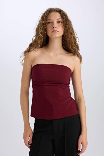 DeFacto Fitted Bengal Basic Straight Strapless Burgundy Blouse E1534Ax24Wn