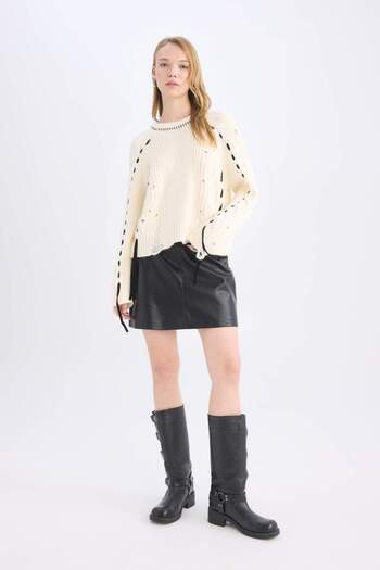 DeFacto Coool A-Line High Waist Faux Leather Mini Skirt D3016Ax24Wn
