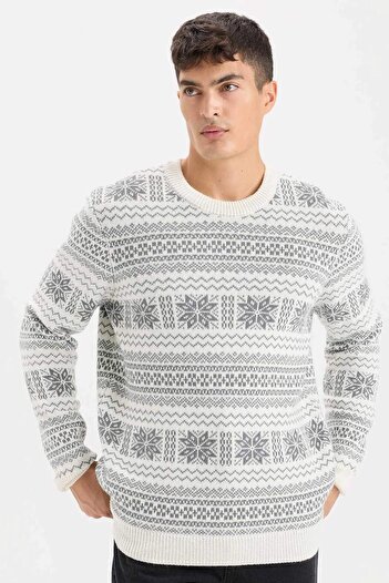 DeFacto Standard Fit Christmas Themed Crew Neck Knitwear Sweater D6839Ax24Wn
