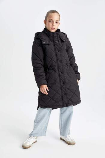DeFacto Girls' Waterproof Hooded Zipper Snap Pocket Long Coat Parka C8974A824Au