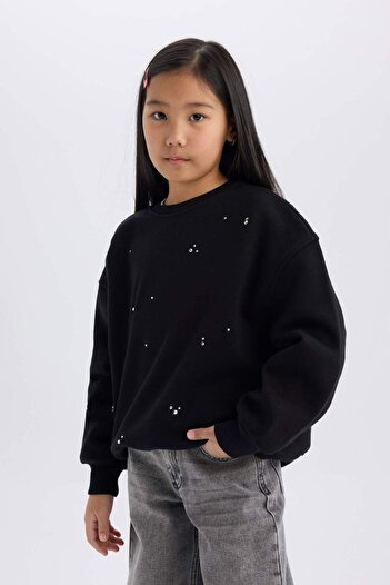 DeFacto Kız Çocuk Yılbaşı Temalı Oversize Geniş Kalıp Bisiklet Yaka Taşlı İçi Yumuşak Tüylü Sweatshirt D5420
