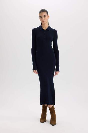 DeFacto Fitted Polo Neck Basic Plain Slit Long Sleeve Knitwear Burgundy Dress E3230Ax24Wn