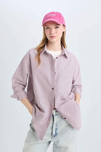 DeFacto Coool Oversize Geniş Kalıp Çizgili Oxford Uzun Kollu Gömlek E1807AX24WN
