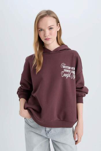 DeFacto Coool Loose Fit Kapüşonlu Sırt Baskılı Kalın Sweatshirt E1495AX24WN