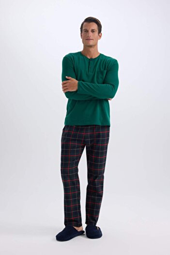 DeFacto Regular Fit Pijama Takımı Bisiklet Yaka Uzun Kollu Üst Kareli Uzun Alt 4w2dftkc6123__qzh