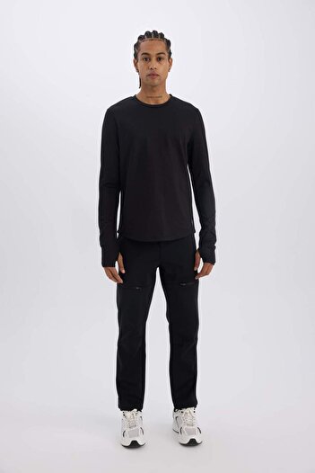 DeFacto DeFactoFit Slim Fit Slim Fit Crew Neck Sportsman Μακρυμάνικο Μαύρο T-shirt A3961AX24WN
