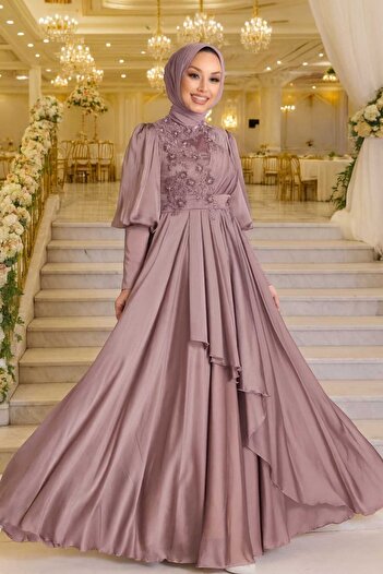 Neva Style Pearl Detailed Powder Hijab Evening Dress 21930Pd