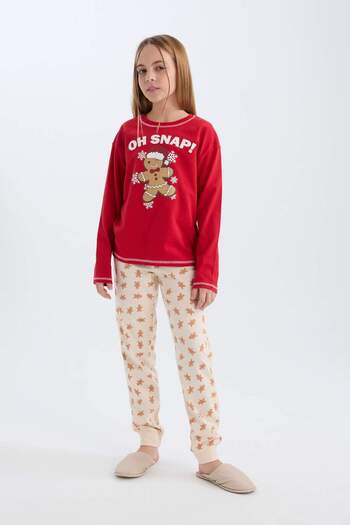DeFacto Girls' Pajamas Set Christmas Themed Crew Neck Long Sleeve Top Long Bottom B4807A8