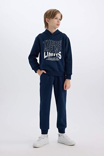 DeFacto Hooded Printed Sweatshirt and Elastic Sweatpants for Boy - 2-Piece Set B0409A824Cw
